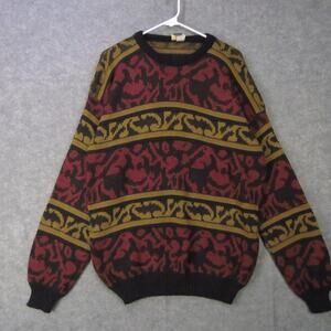 Vintage Out Of Bounds Sweater Mens Large Black Red Abstract Knit Made USA 80s